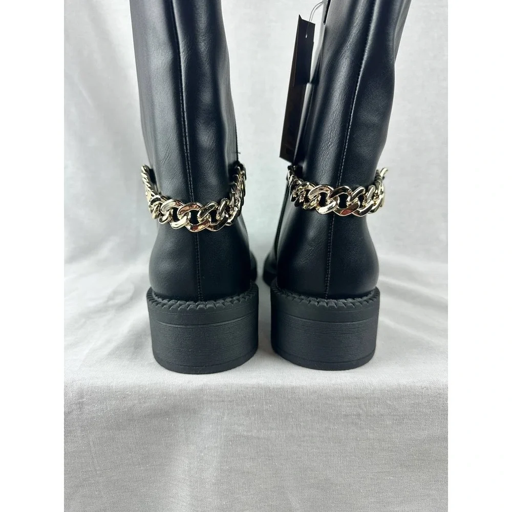 A New Day Womens Tall Black Fashion Boots Gold Chain Detail Side Zip‎ Size 7